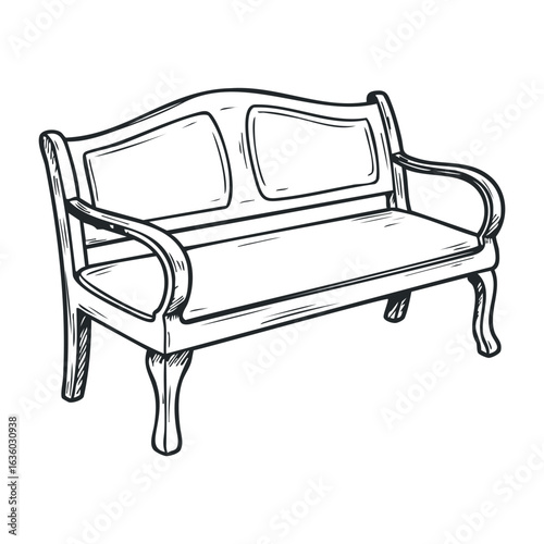 Hand-drawn wooden bench sketch with curved armrests and detailed wood grain design. Vector illustration