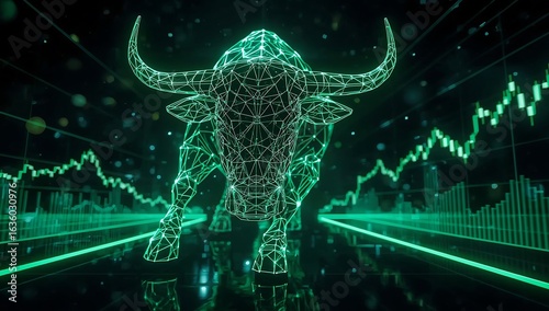 3D holographic bull charging forward with neon green lights symbolizes market optimism and growth in financial sector, representing strength and resilience in trading