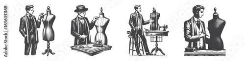 Vintage Hand-Drawn Man Tailor with Mannequin Illustration, Garment Maker Engraved Vector for Fashion and T-Shirt Design