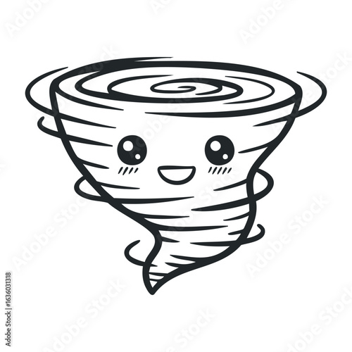 Cute cartoon tornado with smiling face and kawaii style whirlwind swirls. Vector illustration