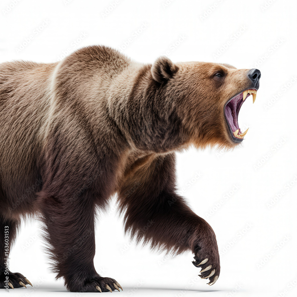 Fototapeta premium Roaring Grizzly Bear: A powerful grizzly bear roars fiercely, showcasing its impressive teeth and dominant nature. Witness the untamed beauty of the wild.