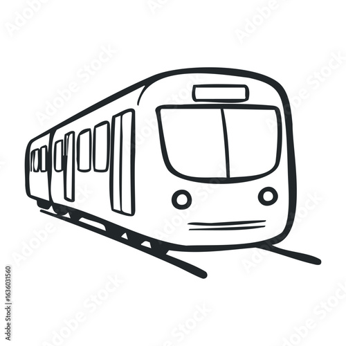 Black and white line drawing of a subway train on tracks. Vector illustration