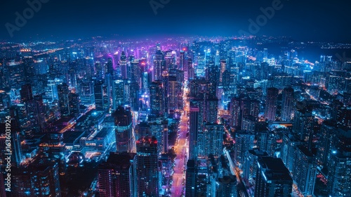 Fototapeta Naklejka Na Ścianę i Meble -  Futuristic city skyline at dusk, futuristic city skyline with glowing lights, futuristic city skyline aerial night view