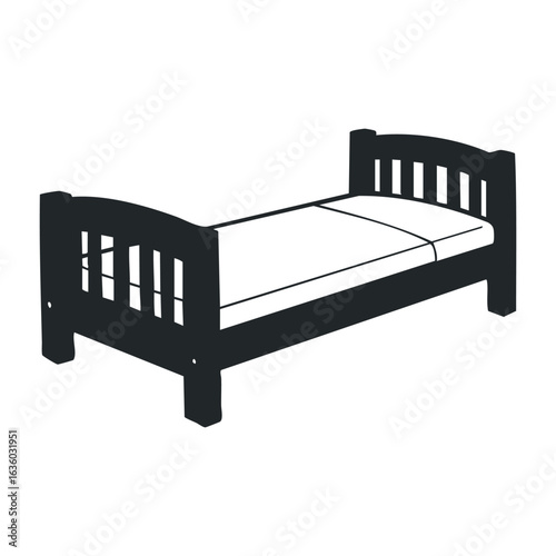 Simple black and white wooden bed design with slatted headboard and footboard. Vector illustration