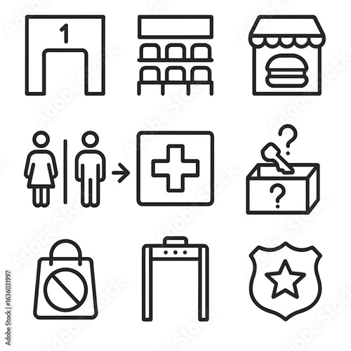 Public Signage Icons. Outline style icons of Public signage: stadium gate number, seating section row, concession stand burger,