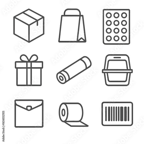 Packaging Icons Overview. Line style icons of Packaging Types: corrugated box, paper bag, bubble wrap, gift box with bow, mailing
