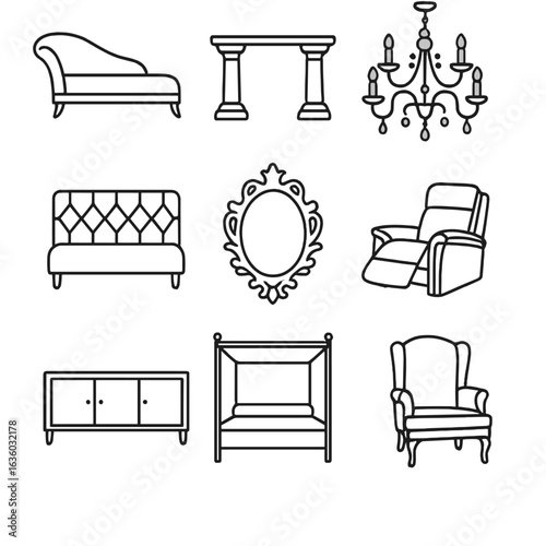 Luxury Furniture Icons. Line style icons of Luxury Furniture Pieces: velvet chaise, marble console, crystal chandelier, tufted