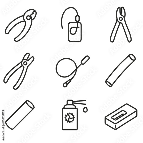 Cable Installation Icons. Line style icons of Cable and Housing Installation: cable cutter, housing guide tool, ferrule crimper,