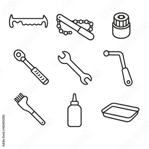 Drivetrain Tools Icons. Line style icons of Drivetrain Service Tools: chain checker gauge, chain whip, cassette lockring tool,