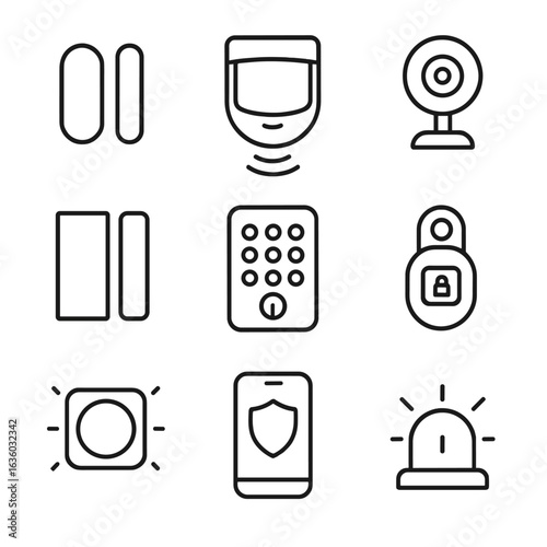Home Security Icons. Line style icons of Home Security Devices: door sensor, motion detector, smart camera, alarm siren, window
