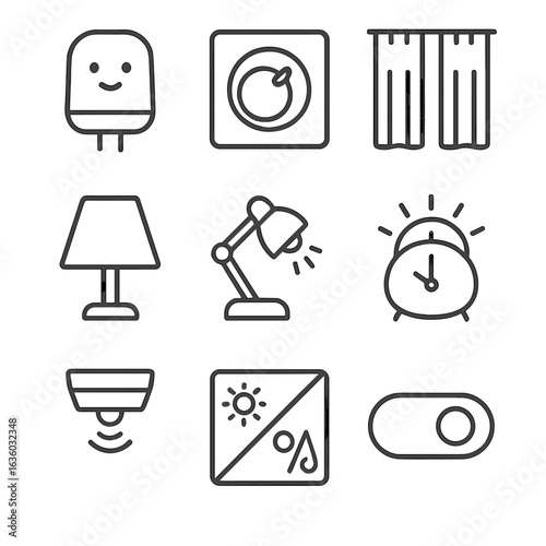 Light Safety Icons. Line style icons of Light Safety and Comfort: nightlight, dimmer switch, blackout curtain, lamp shade, reading