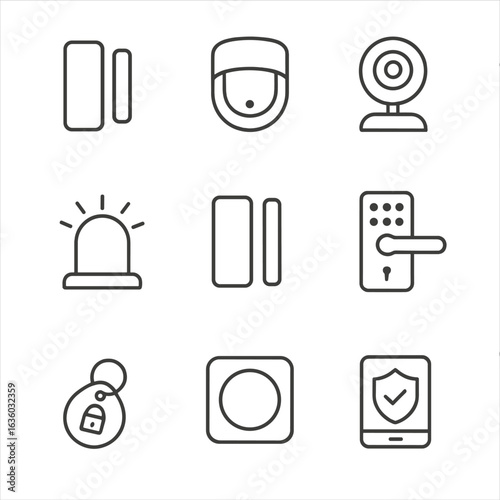 Home Security Icons. Line style icons of Home Security Devices: door sensor, motion detector, smart camera, alarm siren, window