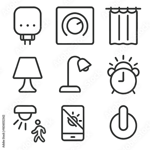Light Safety Icons. Line style icons of Light Safety and Comfort: nightlight, dimmer switch, blackout curtain, lamp shade, reading