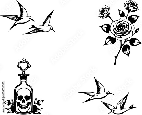 Poisoned Love: Skull & Roses heart, love, death, tattoo,  Tattoo Art" vector bundle