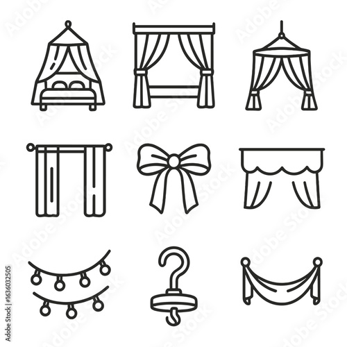 Bed Canopy Icons. Line style icons of Bed Canopy & Drapes: mosquito net canopy, four-poster drape, ceiling hoop canopy, sheer