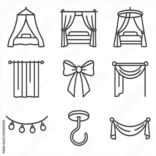 Bed Canopy Icons. Line style icons of Bed Canopy & Drapes: mosquito net canopy, four-poster drape, ceiling hoop canopy, sheer