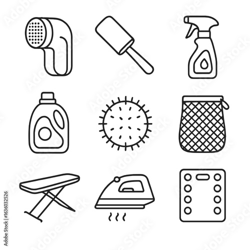 Bedding Care Essentials. Line vector icons of Bedding Care Tools: fabric shaver, lint roller, stain remover spray, laundry