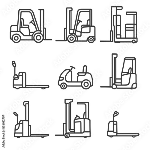 Material Handling Icons. Line style icons of Material Handling Vehicles: counterbalance forklift, reach truck, order picker,