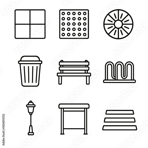 Urban Sidewalk Icon Design. Line style icons of Urban Sidewalk Paths: concrete slab, tactile paving, tree grate, trash bin, bench