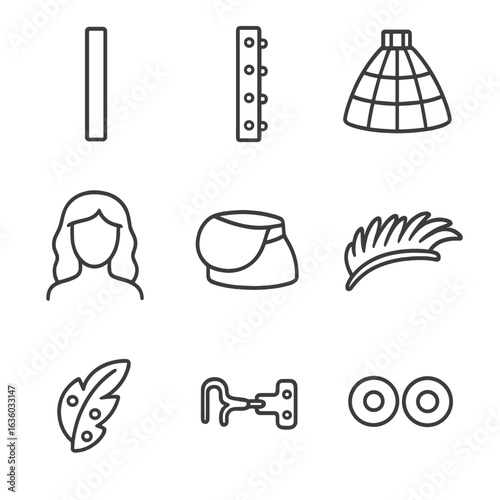 Costume Construction Icons. Line style icons of Costume Construction: boning channel, corset busk, crinoline hoop, theatrical wig,