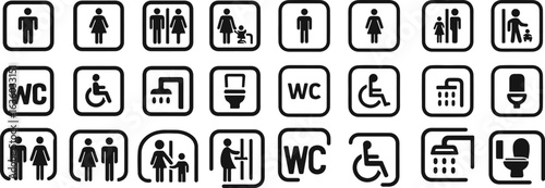 Restroom and Accessibility Icon Set – 24 Black and White Symbols for Public Facilities, WC Signs, and Inclusive Design