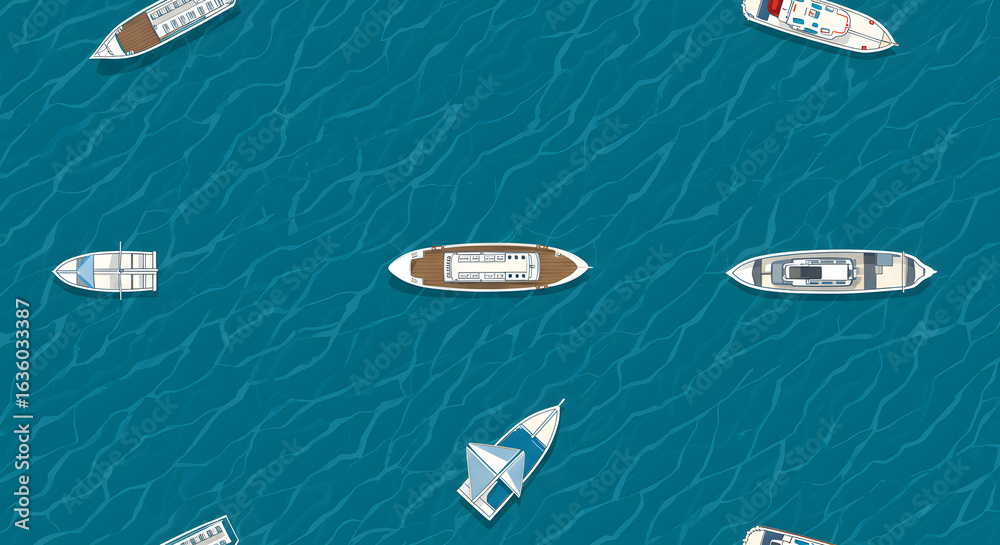 Fototapeta premium Top view sea diagonal ship and shipping boat on ocean water surface seamless texture. Vector illustration