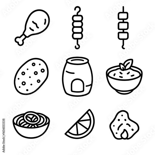 Tandoori Grill Icons. Line style icons of Indian Tandoori Grill: tandoori chicken leg, seekh kebab, paneer tikka skewer, naan