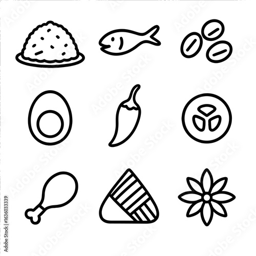 Nasi Lemak Icons. Line style icons of Malaysian Nasi Lemak Components: coconut rice mound, crispy anchovy, roasted peanut,