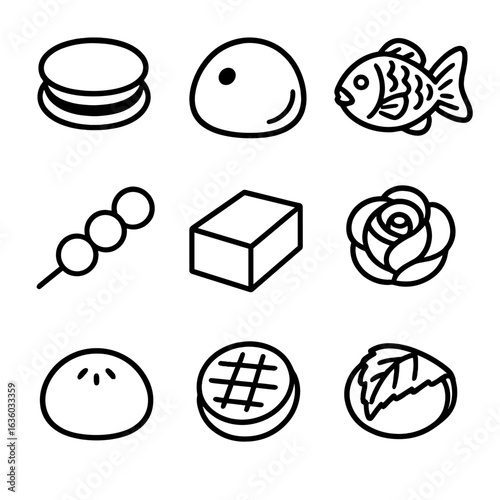 Wagashi Sweets Icons. Line style icons of Japanese Wagashi Sweets: dorayaki cake, daifuku mochi, taiyaki fish, yokan block, dango