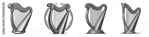 Vintage Hand-Drawn Harp Illustration, Classical Instrument Engraved Vector for Music and T-Shirt Design