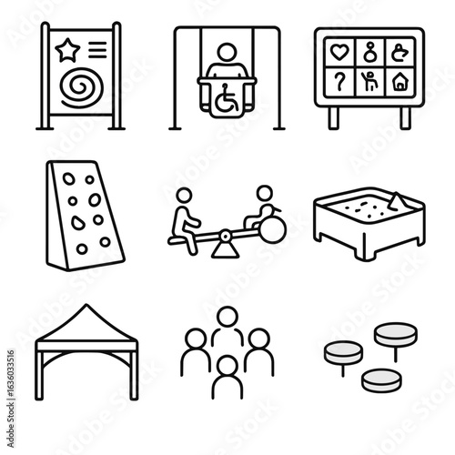 Inclusive Play Icons. Line style icons of inclusive play spaces: sensory playground equipment, wheelchair-accessible swing,