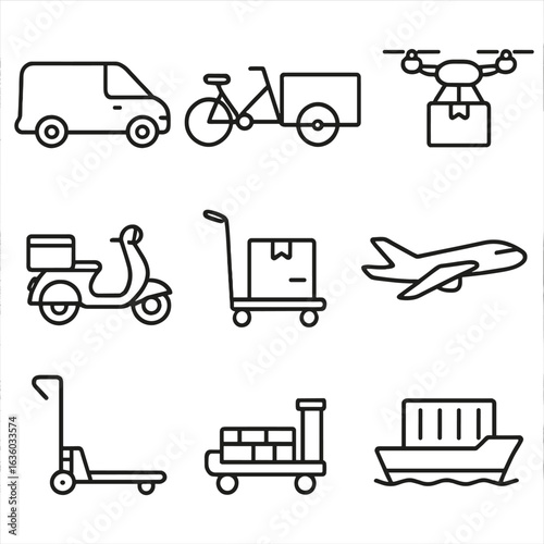 Transportation Logistics Icons. Line style icons of transportation logistics and delivery: delivery van, parcel bike, cargo
