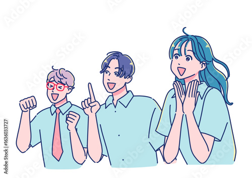 斜め上を見て感激するアニメ調の男女生徒