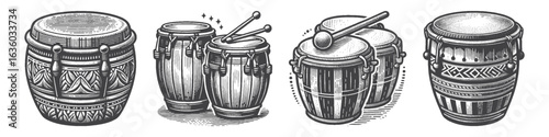 Vintage Hand-Drawn Congas Illustration, Latin Percussion Instrument Engraved Vector for Music and T-Shirt Design