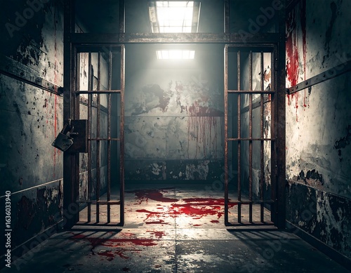 Bloody, rusty prison cell interior