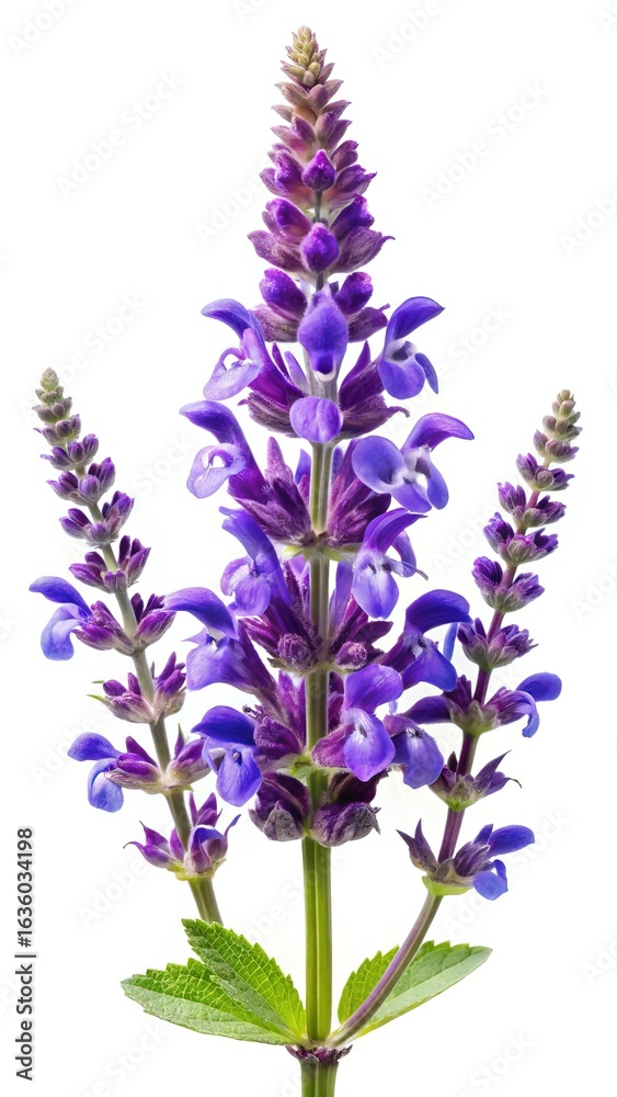 Obraz premium Detailed macro shot of a beautiful purple Salvia plant against white backdrop