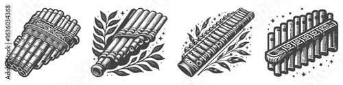 Vintage Hand-Drawn Pan Flute Illustration, Traditional Wind Instrument Engraved Vector for Music and T-Shirt Design