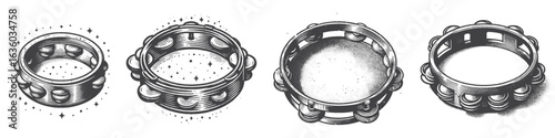 Vintage Hand-Drawn Tambourine Illustration, Percussion Instrument Engraved Vector for Music and T-Shirt Design