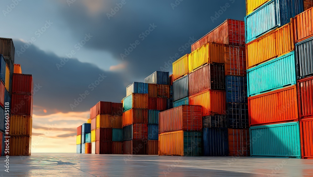 Fototapeta premium Colorful Shipping Containers At Sunset Dock