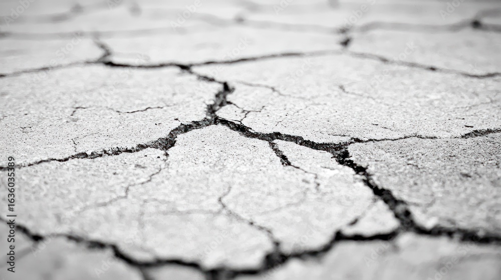 Obraz premium Dry, cracked earth with deep fissures in black and white, close-up view