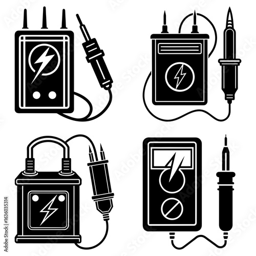 Illustration of four electrical testers with probes and lightning bolt symbols in black and white style