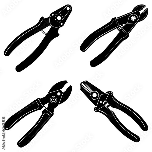 Collection of four black and white illustrations of different types of pliers on a white background