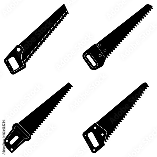 Four black and white illustrations depicting different styles of hand saws on a white background image