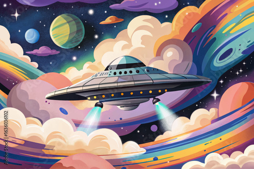 Alien designed spaceship exploring colorful nebula, interstellar mystery wallpaper cartoon