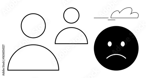 Black sad face, two outlined human figures, and a cloud reflect loneliness, emotional struggle, social disconnect, mental health, empathy, relationships, compassion and vulnerability in a simple