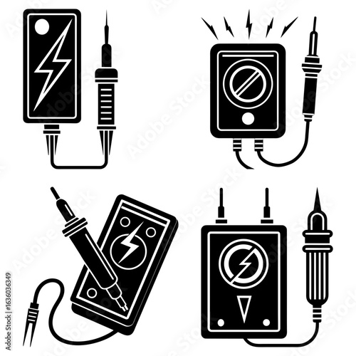 Four electrical testers and soldering irons are arranged in a square formation on a white background