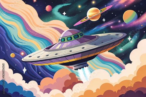 Alien designed spaceship exploring colorful nebula, interstellar mystery wallpaper cartoon