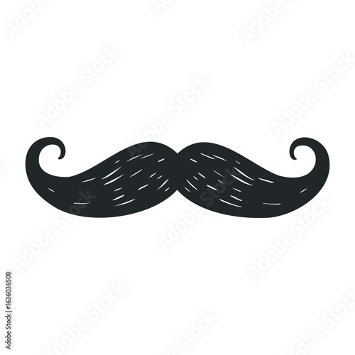 Retro black handlebar mustache graphic with curved tips on white background. Vector illustration