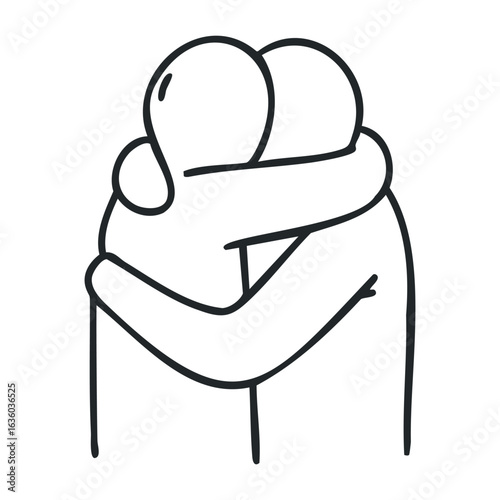Simple line drawing of two figures hugging in black and white design. Vector illustration