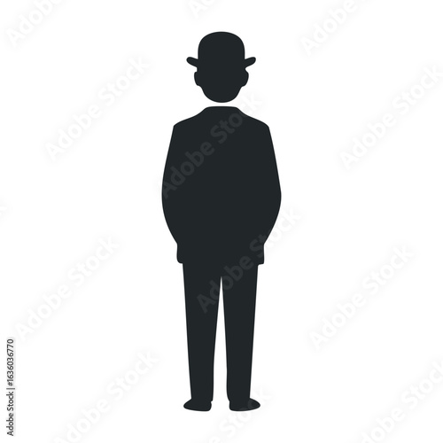Silhouette icon of male in bowler hat with suit - classic style and elegance. Vector illustration